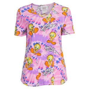 Scrubstar Womens Looney Tunes Tweety Scrub Top Size M Ultra Soft Short Sleeves